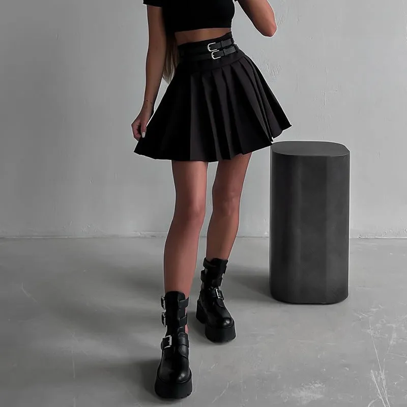XY23212Summer2023New European and American Sweet Cool Style Pure Color All-Matching Slim Double Belt High Waist Pleated Skirt