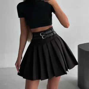 XY23212Summer2023New European and American Sweet Cool Style Pure Color All-Matching Slim Double Belt High Waist Pleated Skirt