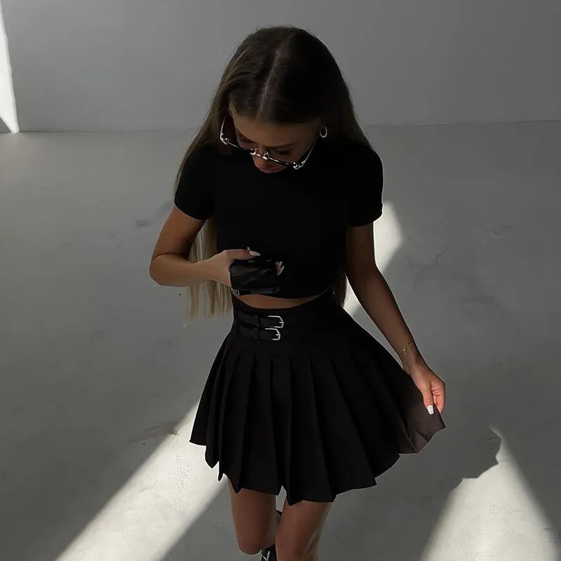 XY23212Summer2023New European and American Sweet Cool Style Pure Color All-Matching Slim Double Belt High Waist Pleated Skirt