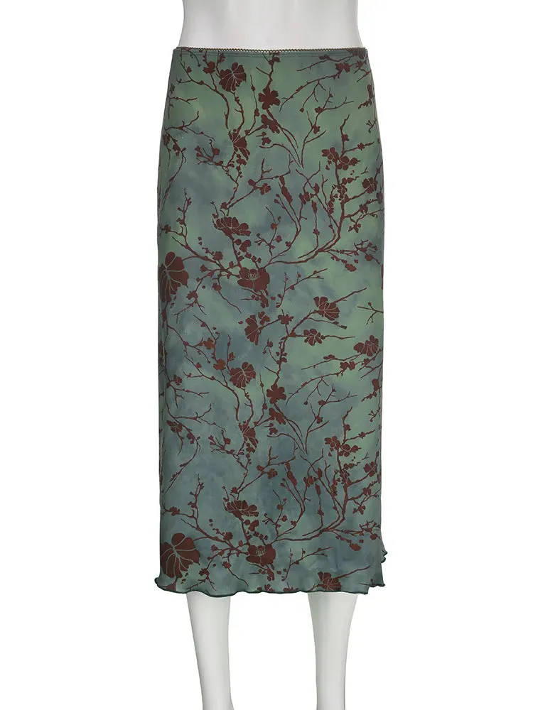 Y2K Floral Print Green Midi Skirt Vintage Green Midi Skirt Grunge Skirt Spring Summer Skirt