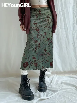 Y2K Floral Print Green Midi Skirt Vintage Green Midi Skirt Grunge Skirt Spring Summer Skirt