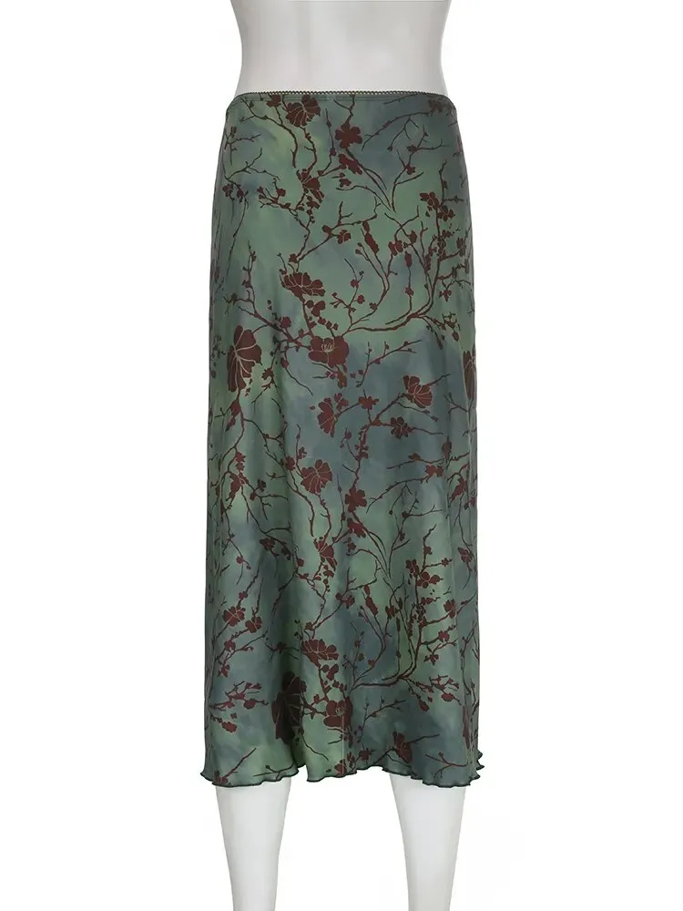 Y2K Floral Print Green Midi Skirt Vintage Green Midi Skirt Grunge Skirt Spring Summer Skirt