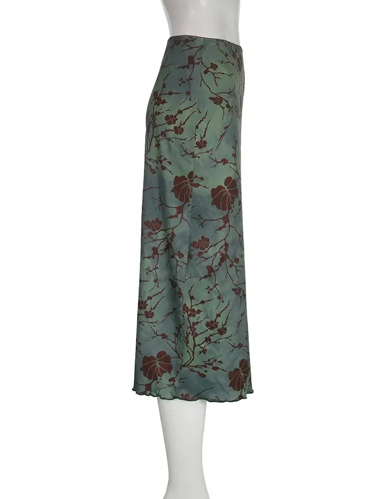 Y2K Floral Print Green Midi Skirt Vintage Green Midi Skirt Grunge Skirt Spring Summer Skirt