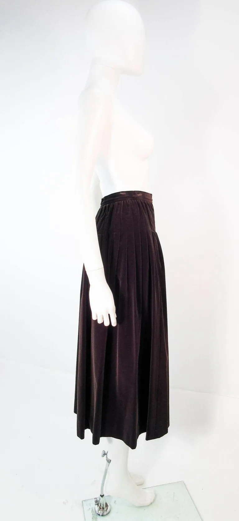 YVES SAINT LAURENT Brown Velvet Pleated Flare Skirt Size 36