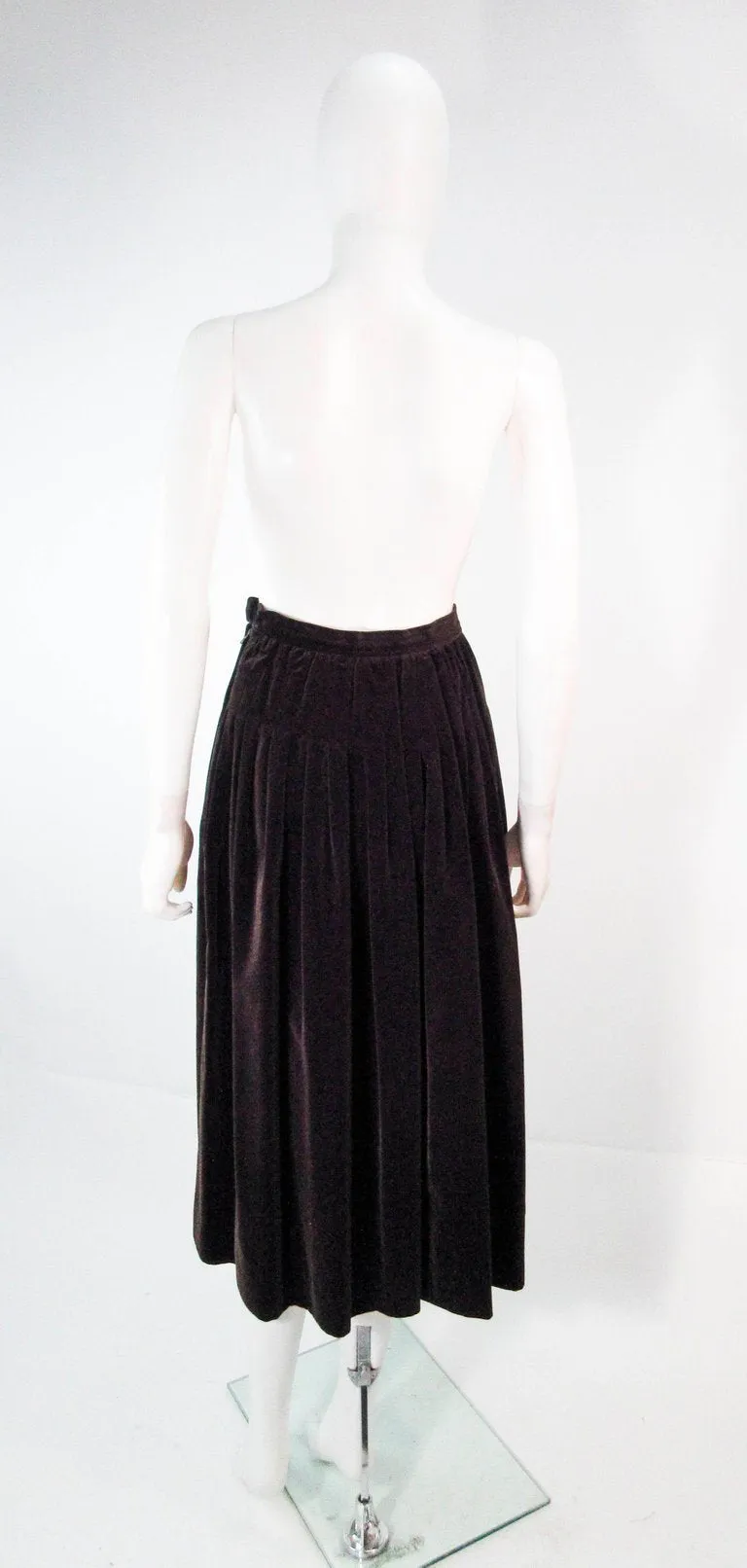 YVES SAINT LAURENT Brown Velvet Pleated Flare Skirt Size 36