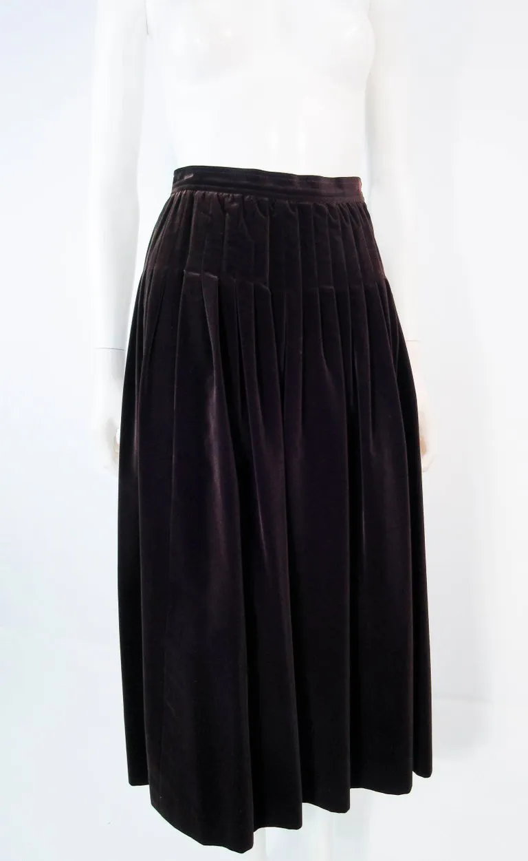YVES SAINT LAURENT Brown Velvet Pleated Flare Skirt Size 36
