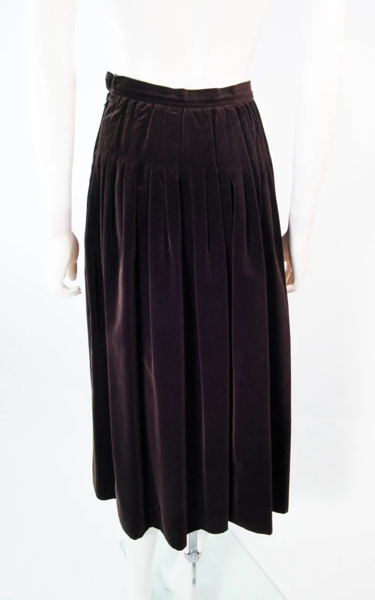 YVES SAINT LAURENT Brown Velvet Pleated Flare Skirt Size 36