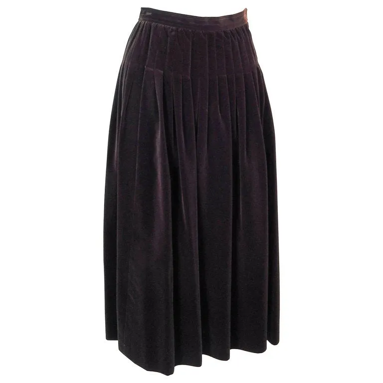 YVES SAINT LAURENT Brown Velvet Pleated Flare Skirt Size 36