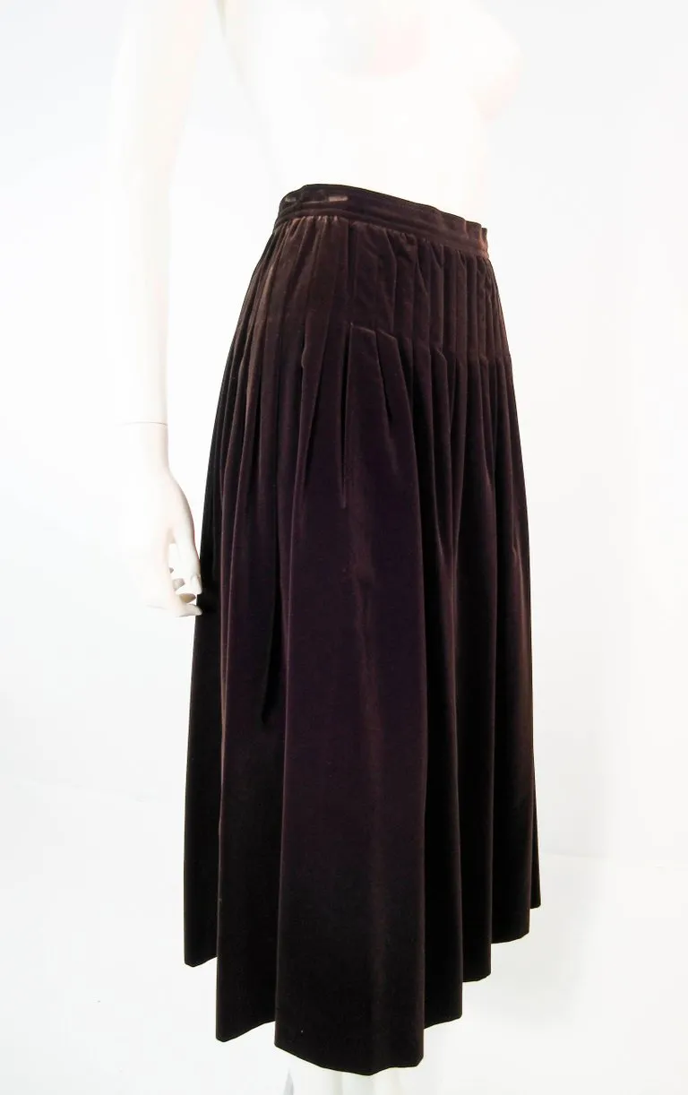 YVES SAINT LAURENT Brown Velvet Pleated Flare Skirt Size 36