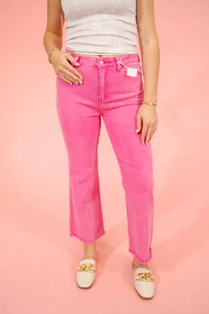 Z Acid Wash Crop Flare Jeans, HOT PINK