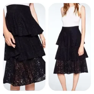 Zara M navy lace tiered midi skirt