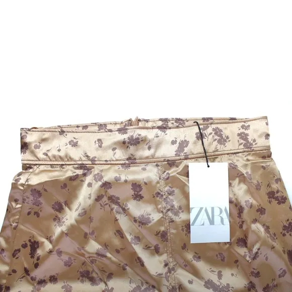 Zara NWT Satin Effect Midi Floral Skirt Small Peach Beige