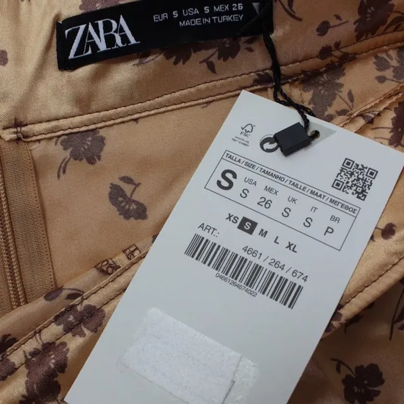 Zara NWT Satin Effect Midi Floral Skirt Small Peach Beige