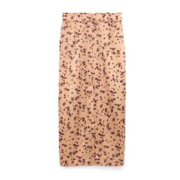 Zara NWT Satin Effect Midi Floral Skirt Small Peach Beige