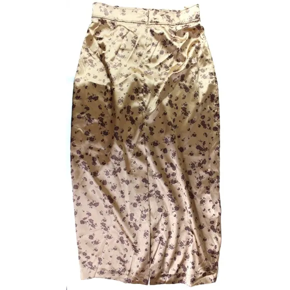 Zara NWT Satin Effect Midi Floral Skirt Small Peach Beige