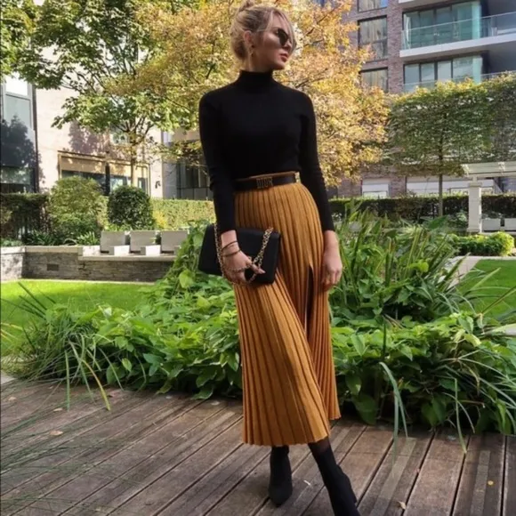 Zara ribbed knit midi skirt with slit mustard yellow
