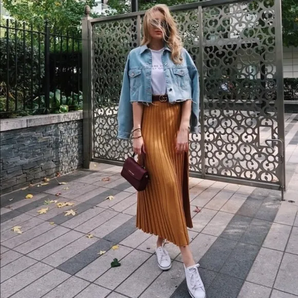 Zara ribbed knit midi skirt with slit mustard yellow