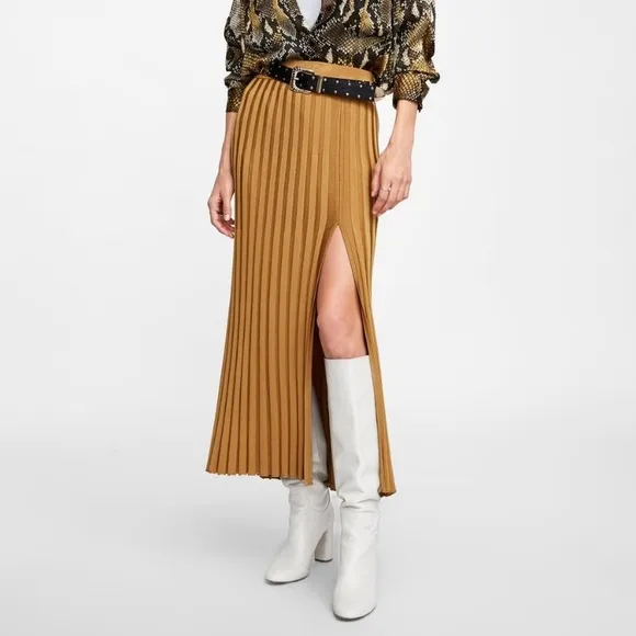 Zara ribbed knit midi skirt with slit mustard yellow
