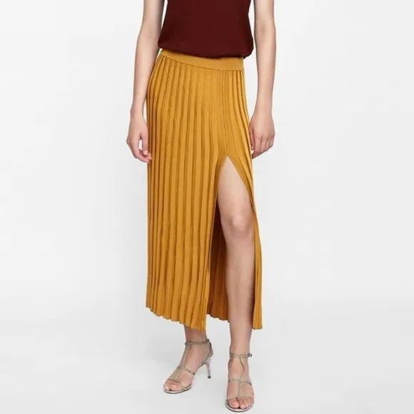Zara ribbed knit midi skirt with slit mustard yellow