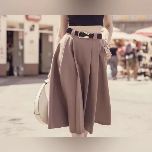 Zara Voluminous Midi High Waist Beige-Tan Skirt High Waist‎ Pleated Midi