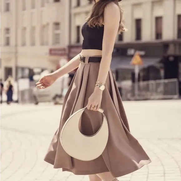 Zara Voluminous Midi High Waist Beige-Tan Skirt High Waist‎ Pleated Midi