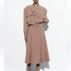 Zara Voluminous Midi High Waist Beige-Tan Skirt High Waist‎ Pleated Midi