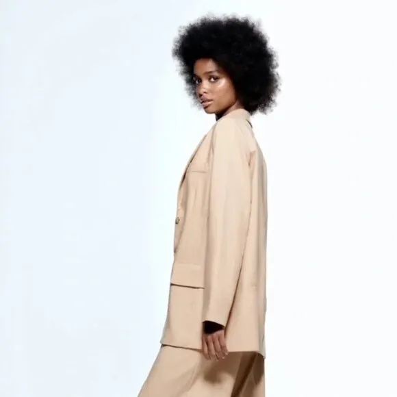 Zara Women's Large Straight Cut Blazer Tan Oversized Style Asymmetrical