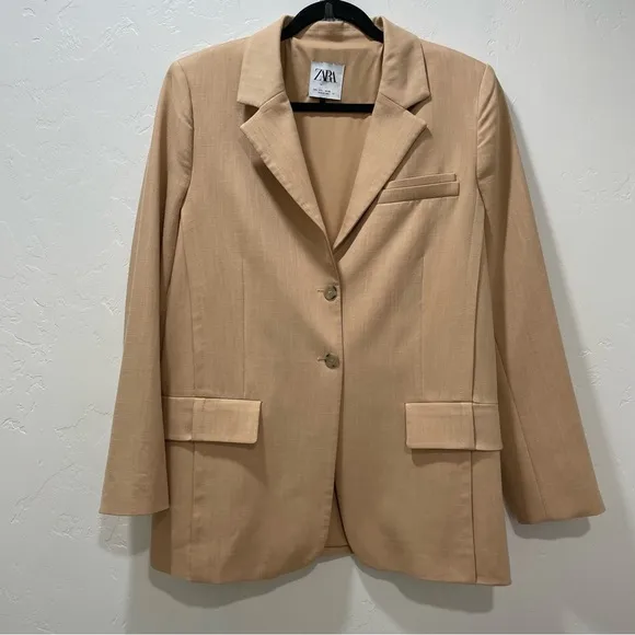 Zara Women's Large Straight Cut Blazer Tan Oversized Style Asymmetrical