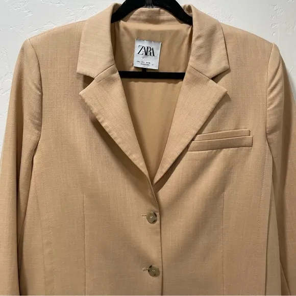 Zara Women's Large Straight Cut Blazer Tan Oversized Style Asymmetrical
