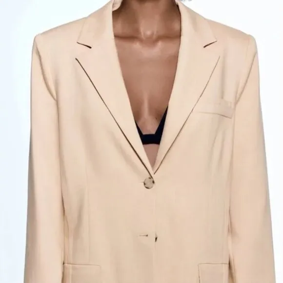 Zara Women's Large Straight Cut Blazer Tan Oversized Style Asymmetrical